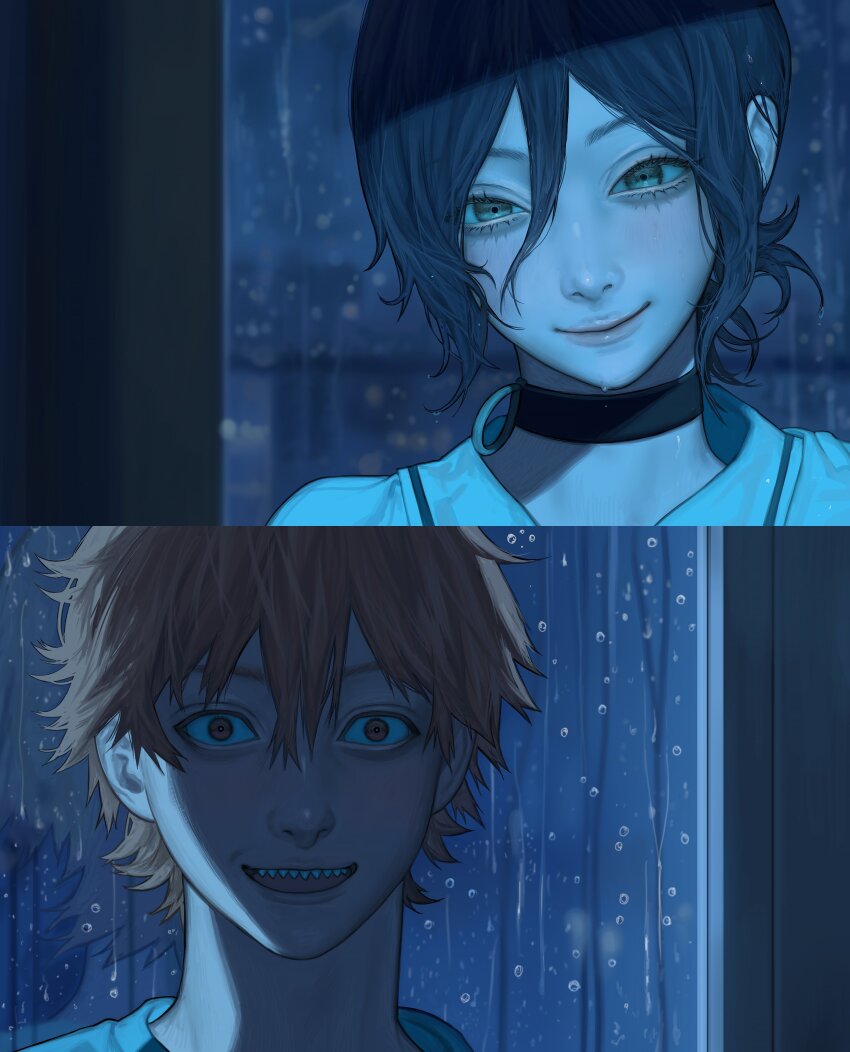 1boy, 1girl, absurdres, black_choker, blue_hair, chainsaw_man, choker, closed_mouth