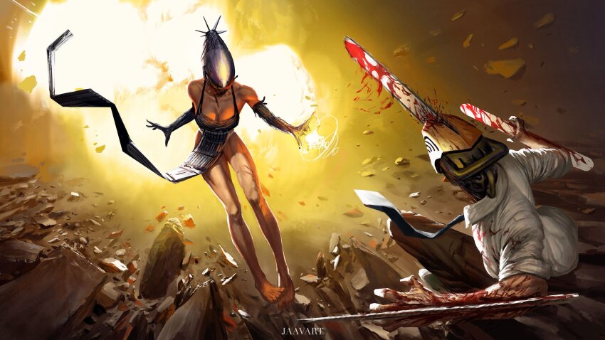 1boy, 1girl, apron, battle, black_apron, black_gloves, black_necktie, black_pants