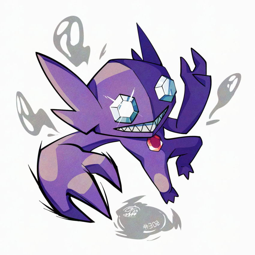 chest_jewel, colored_skin, full_body, gem, gem_eyes, gen_3_pokemon, grin, looking_at_viewer, mistray-art, nintendo, numbered, pokemon, pokemon_(creature), purple_skin, red_gem, sableye, sharp_teeth, signature, simple_background, smile, solo, teeth, white_background, white_gem