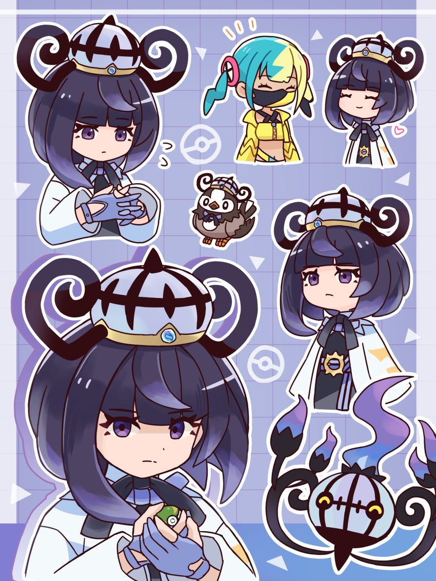 2girls, absurdres, aqua_hair, bandeau, belt, belt_buckle, black_dress, black_hair, blonde_hair, blunt_bangs, bob_cut, buckle, canari_(pokemon), chandelure, closed_eyes, closed_mouth, coat, dress, eyelashes, gen_4_pokemon, gen_5_pokemon, gloves, grid_background, gwynn_(pokemon), hat, heart, highres, interlocked_fingers, long_sleeves, looking_at_viewer, mask, mega_stone, mouth_mask, multicolored_hair, multiple_girls, multiple_views, name_connection, neko_gyoza, nest_ball, nintendo, o-ring, o-ring_belt, open_clothes, open_coat, own_hands_together, partially_fingerless_gloves, poke_ball, poke_ball_(basic), poke_ball_symbol, pokemon, pokemon_(creature), pokemon_legends:_z-a, purple_eyes, purple_hair, short_hair, smile, split-color_hair, starly, white_coat