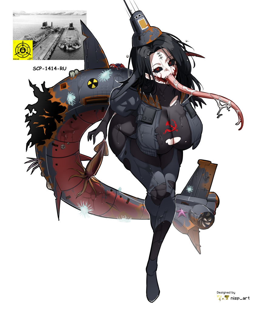 1girl, absurdres, artist_name, barnacle, black_bodysuit, black_hair, black_sclera, bodysuit