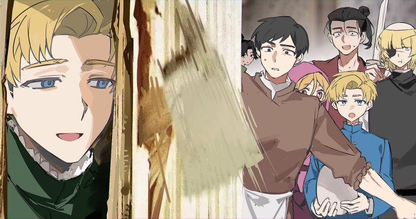 2girls, 5boys, apron, axe, black_hair, black_tunic, blonde_hair, blue_eyes