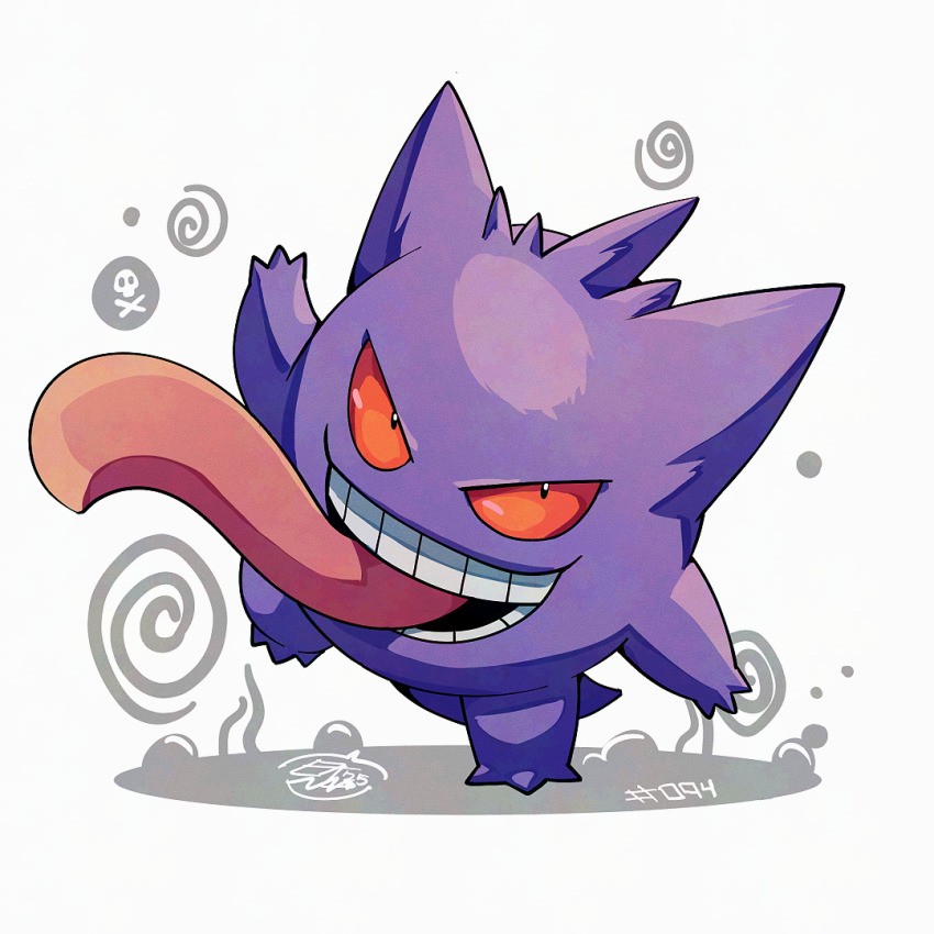 colored_sclera, colored_skin, full_body, gen_1_pokemon, gengar, looking_at_viewer, mistray-art, nintendo, no_humans, numbered, open_mouth, pokemon, pokemon_(creature), purple_skin, red_sclera, signature, simple_background, solo, tongue, tongue_out, white_background