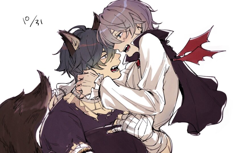 2boys, alternate_costume, animal_ears, arm_around_shoulder, bandaged_arm, bandaged_hand, bandages, bat_wings