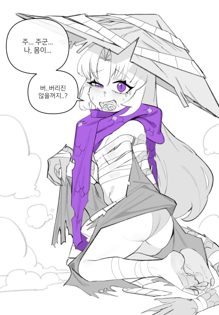 1girl, absurdres, aged_down, arm_wrap, barefoot, bbizim03, blush, chest_sarashi, cloud, commentary, english_commentary, fang, forked_tongue, hat, heishou_pack-si_branch_(identity)_(project_moon), highres, korean_text, leg_wrap, limbus_company, loli, long_arms, long_hair, monochrome, panties, project_moon, purple_eyes, purple_scarf, rice_hat, robe, rodion_(project_moon), sarashi, scales, scarf, sidelocks, slit_pupils, solo, speech_bubble, spot_color, sweatdrop, tongue, underwear