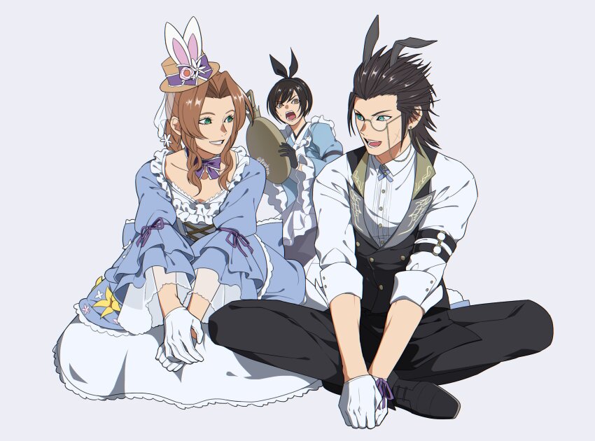 1boy, 2girls, aerith_gainsborough, aerith_gainsborough_(classic_coney), animal_ear_hairband, animal_ear_headwear, animal_ears, aqua_eyes