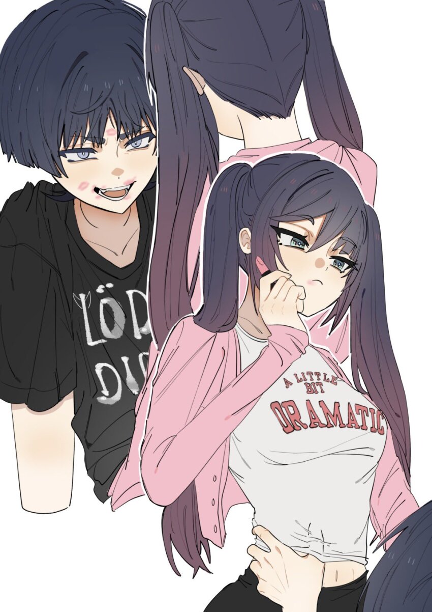 1boy, 1girl, alternate_costume, aqua_eyes, asymmetrical_bangs, black_hair, black_shirt, black_skirt, black_sleeves, blunt_bangs, blunt_ends, bright_pupils, casual, choppy_bangs, closed_mouth, collarbone, contemporary, cosmetics, couple, cropped_arms, cropped_jacket, cropped_torso, english_text, finger_under_clothes, fingernails, furrowed_brow, genshin_impact, gradient_hair, grey_eyes, hair_between_eyes, hetero, highres, holding, holding_lipstick_tube, jacket, light_frown, lipstick_mark, lipstick_mark_on_face, lipstick_mark_on_forehead, lipstick_mark_on_mouth, lipstick_tube, long_hair, long_sleeves, looking_at_another, midriff_peek, mona_(genshin_impact), multicolored_hair, multiple_views, navel, open_clothes, open_jacket, open_mouth, parted_bangs, pink_hair, pink_jacket, pink_sleeves, raised_eyebrows, scaramouche_(genshin_impact), shirt, short_eyebrows, short_sleeves, sidelocks, skirt, swept_bangs, teeth, tongue, tsurime, twintails, undershirt, white_background, white_pupils, white_shirt, ysnden