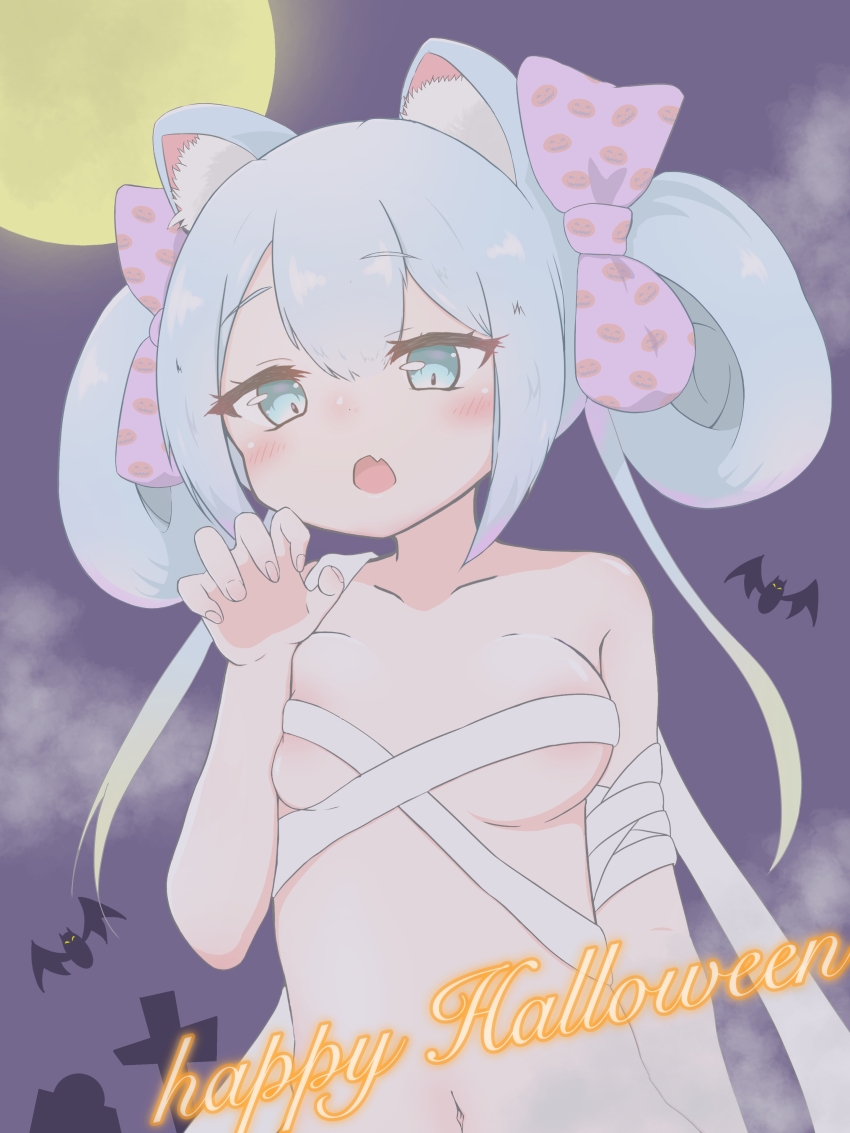 1girl, absurdres, animal_ear_fluff, animal_ears, bandaged_arm, bandages, bare_shoulders, black_bow, blue_eyes, blush, bow, breasts, claw_pose, collarbone, crescent_moon, fang, fingernails, full_moon, hair_between_eyes, hair_bow, halloween, happy_halloween, highres, hirune_shitai4, jack-o'-lantern, long_hair, moon, naked_bandage, navel, night, ongeki, open_mouth, pink_bow, polka_dot, polka_dot_bow, sarashi, sky, small_breasts, solo, suzushima_arisu, twintails, very_long_hair