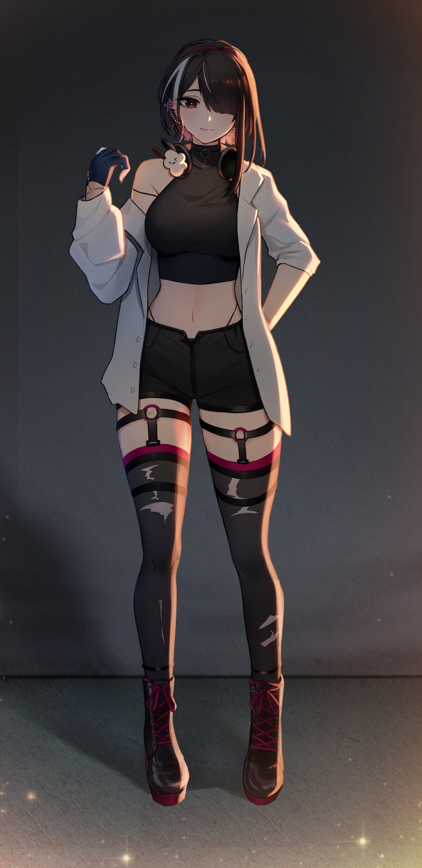 1girl, absurdres, aegis-link, black_boots, black_gloves, black_hair, black_shirt, black_shorts, boots, breasts, brown_eyes, closed_mouth, coat, commission, cropped_shirt, gloves, hair_ornament, hair_over_one_eye, headphones, headphones_around_neck, highres, lab_coat, lace-up_boots, lan_philia, midriff, multicolored_hair, navel, o-ring, shadow, shirt, short_shorts, shorts, sleeveless, sleeveless_shirt, solo, star_(symbol), star_hair_ornament, streaked_hair, thighhighs, torn_clothes, torn_thighhighs, white_coat, white_hair, yuni_miii