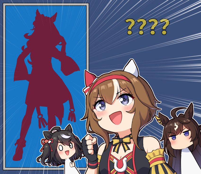 0_0, 3girls, :d, ?, ahoge, animal_ears, bare_shoulders, black_gloves