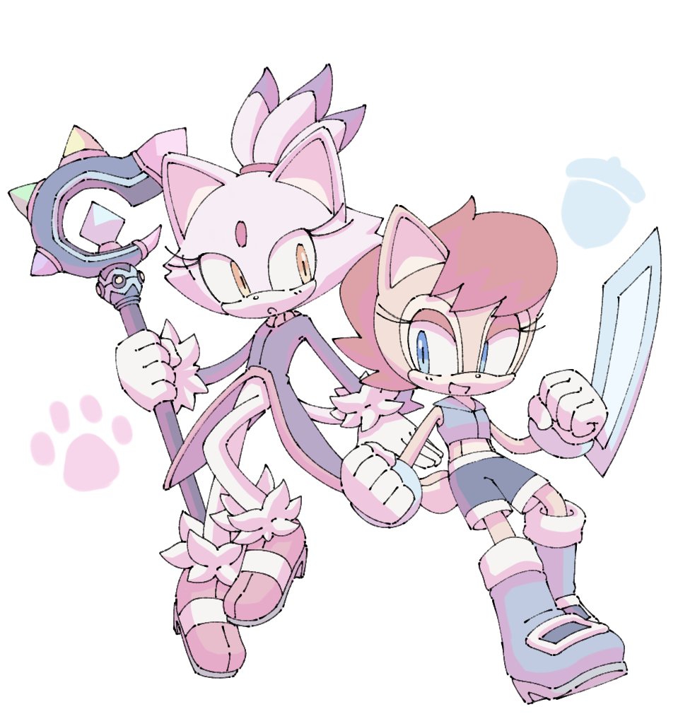 2girls, alolana0825, animal_ears, arm_blade, blaze_the_cat, blue_eyes, blue_shoes, cat_ears, cat_girl, cat_tail, forehead_jewel, furry, furry_female, gloves, holding, holding_staff, jeweled_scepter_(sonic), midriff, multiple_girls, paw_print, pink_shoes, purple_fur, red_hair, sally_acorn, shoes, shorts, sonic_(series), sonic_the_hedgehog_(archie_comics), staff, tail, weapon, white_gloves