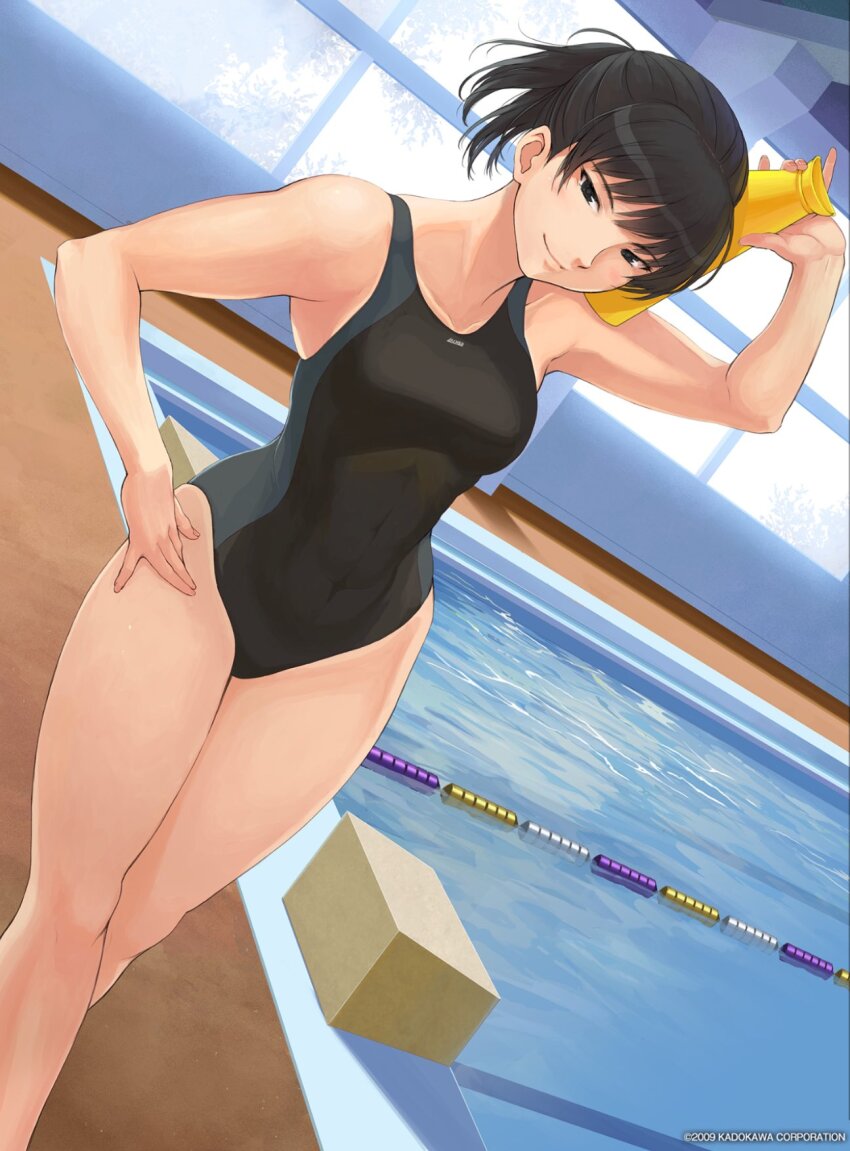 1girl, amagami, arm_up, black_eyes, black_hair, black_one-piece_swimsuit, blue_one-piece_swimsuit, breasts