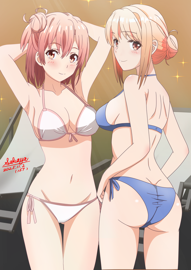2girls, armpits, ass, bikini, blue_bikini, breasts, cleavage, commentary_request