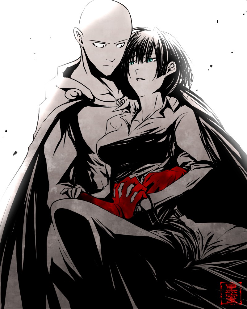 1boy, 1girl, bad_id, bad_pixiv_id, bald, black_eyes, black_hair, bodysuit