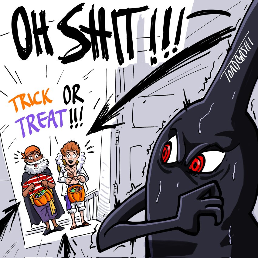 !, !!, ..., 3boys, beard, cosplay, crown, davy_d._jones, davy_d._jones_(cosplay), disgust, english_text, facial_hair, fake_beard, fake_facial_hair, fake_mustache, forced, gear_fifth, halloween, halloween_costume, hat, highres, imu_(one_piece), indoors, joy_boy_(one_piece), joy_boy_(one_piece)_(cosplay), looking_at_another, looking_back, multiple_boys, mustache, nervous, one_piece, open_door, parody, pirate_costume, pun, red_eyes, scared, shaded_face, short_hair, silhouette, simple_background, smile, staff, standing, straw_hat, sunglasses, sweat, teeth, toadgashi, traumatized, trembling