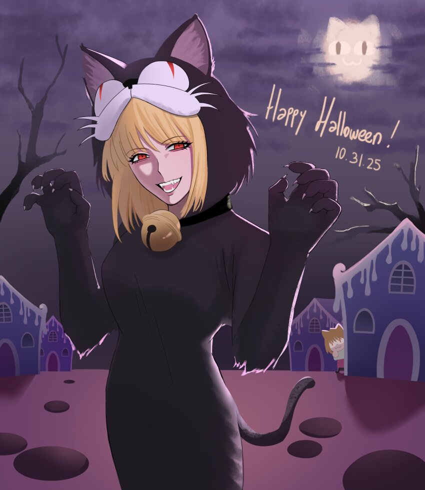 2girls, absurdres, animal_costume, animal_ear_fluff, animal_ears, animal_hands, arcueid_brunestud, arcueid_brunestud_(monster_cat), bell, blonde_hair, cat_costume, cat_girl, chibi, chibi_inset, cloud, cloudy_sky, collar, dual_persona, english_text, fake_animal_ears, fake_tail, fangs, fingernails, full_moon, hair_between_eyes, halloween, halloween_costume, highres, kagetsu_tooya, looking_at_viewer, magicaldstroyer, melty_blood, moon, multiple_girls, neck_bell, neco-arc, official_alternate_costume, open_mouth, paw_pose, red_eyes, sharp_fingernails, short_hair, sky, standing, tail, tsukihime, vampire, village