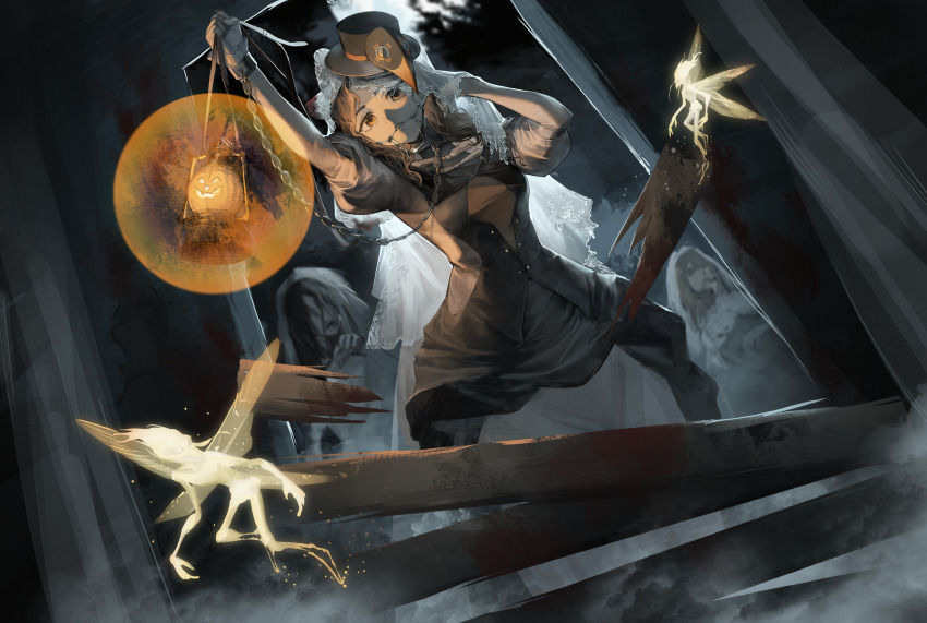 3girls, absurdres, arm_up, black_dress, black_hat, black_sky, braces, brown_eyes