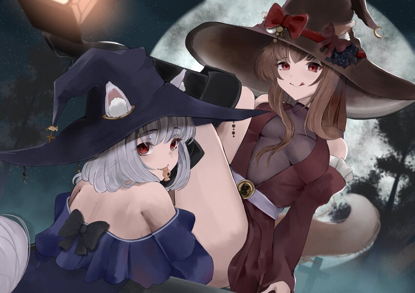 2girls, absurdres, alternate_costume, araca_ra, bare_shoulders, black_boots, black_hat, blue_dress