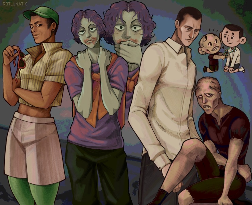 4boys, bags_under_eyes, balding, bar_guy_(no_i'm_not_a_human), black_eyes, black_hair, blood, blush