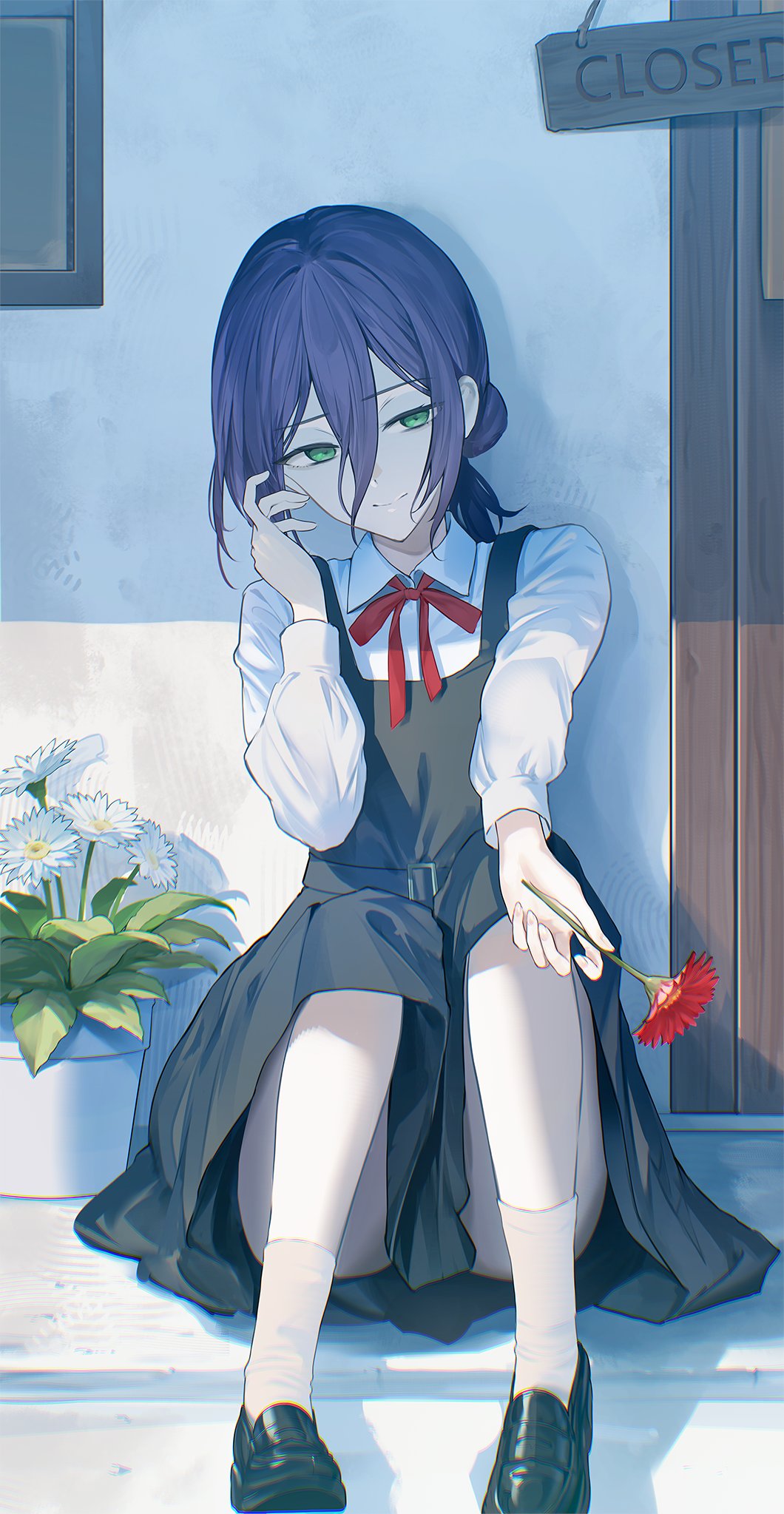 1girl, adjusting_hair, arm_up, belt, belt_buckle, black_belt, black_dress, black_shoes