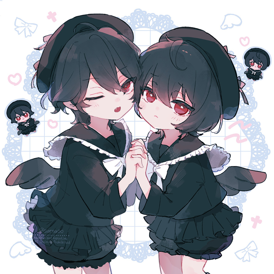 2boys, aged_down, ahoge, angel_wings, artist_name, beret, black_hair, black_hat