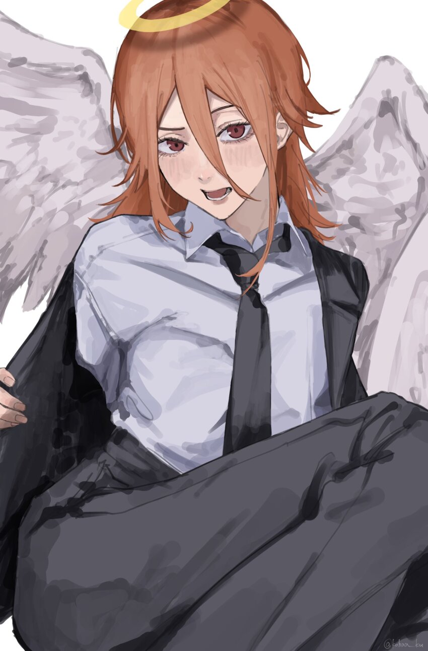 1boy, androgynous, angel_devil_(chainsaw_man), angel_wings, black_necktie, black_pants, black_suit, blush, brown_eyes, brown_hair, chainsaw_man, formal_clothes, hair_between_eyes, halo, highres, kohaa_ku, long_hair, looking_at_viewer, necktie, open_clothes, open_mouth, open_shirt, pants, raised_eyebrows, shirt, sitting, solo, suit, trap, white_background, white_shirt, wings