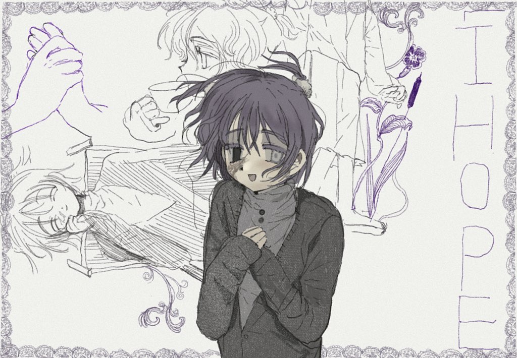 1girl, :d, black_cardigan, black_eyes, burn_scar, cardigan, closed_eyes, colored_eyelashes