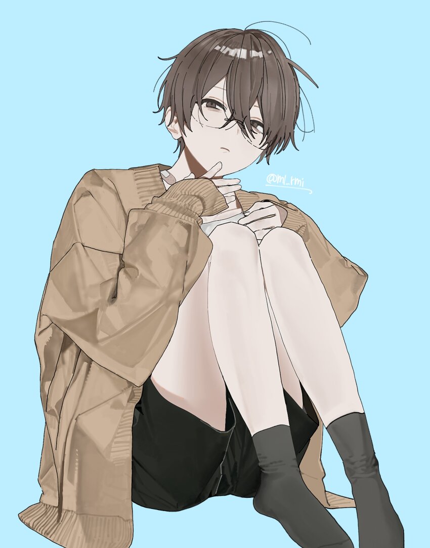 1boy, absurdres, bandaid, black_shorts, black_socks, blue_background, brown_cardigan, brown_eyes, brown_hair, cardigan, full_body, glasses, hair_between_eyes, highres, knees_up, long_sleeves, looking_at_viewer, male_focus, ml_rmi, original, shirt, short_hair, shorts, simple_background, sitting, socks, solo, twitter_username, white_shirt