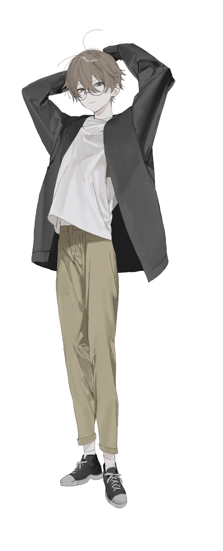 1boy, absurdres, arms_up, black_jacket, brown_hair, brown_pants, closed_mouth, full_body