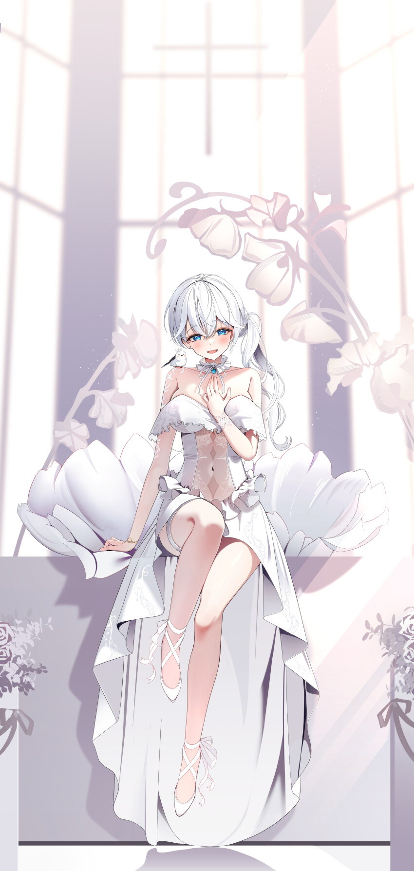 1girl, absurdres, animal, animal_on_shoulder, bare_shoulders, bird, bird_on_shoulder, blue_eyes