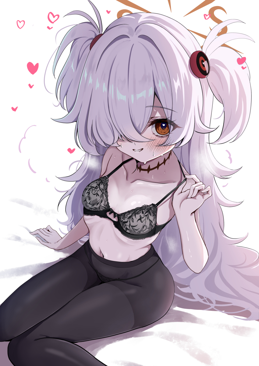 1girl, absurdres, bags_under_eyes, black_bra, black_panties, black_pantyhose, blue_archive, blush