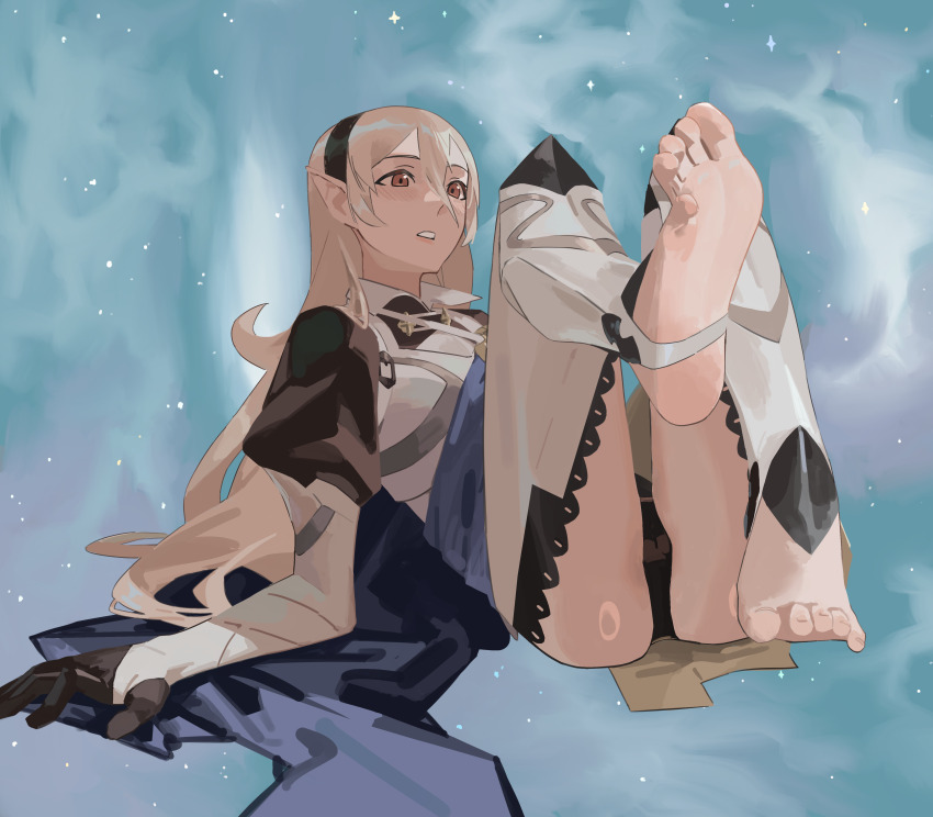 1girl, absurdres, arm_support, armor, ass, barefoot, black_gloves, black_hairband, blue_background, blue_cape, breasts, cape, expressionless, eyelashes, feet, feet_up, female_corrin_(fire_emblem), fire_emblem, fire_emblem_fates, flipped_hair, foot_focus, full_body, gloves, gradient_background, grey_hair, hair_between_eyes, hair_ornament, hairband, highres, intelligent_systems, kucheat_zg, leg_armor, legs, leotard, leotard_under_clothes, long_hair, lying, medium_breasts, nintendo, on_back, parted_lips, pointy_ears, puffy_sleeves, red_eyes, sidelocks, soles, stirrup_legwear, thighs, toeless_legwear, toenails, toes, wavy_hair