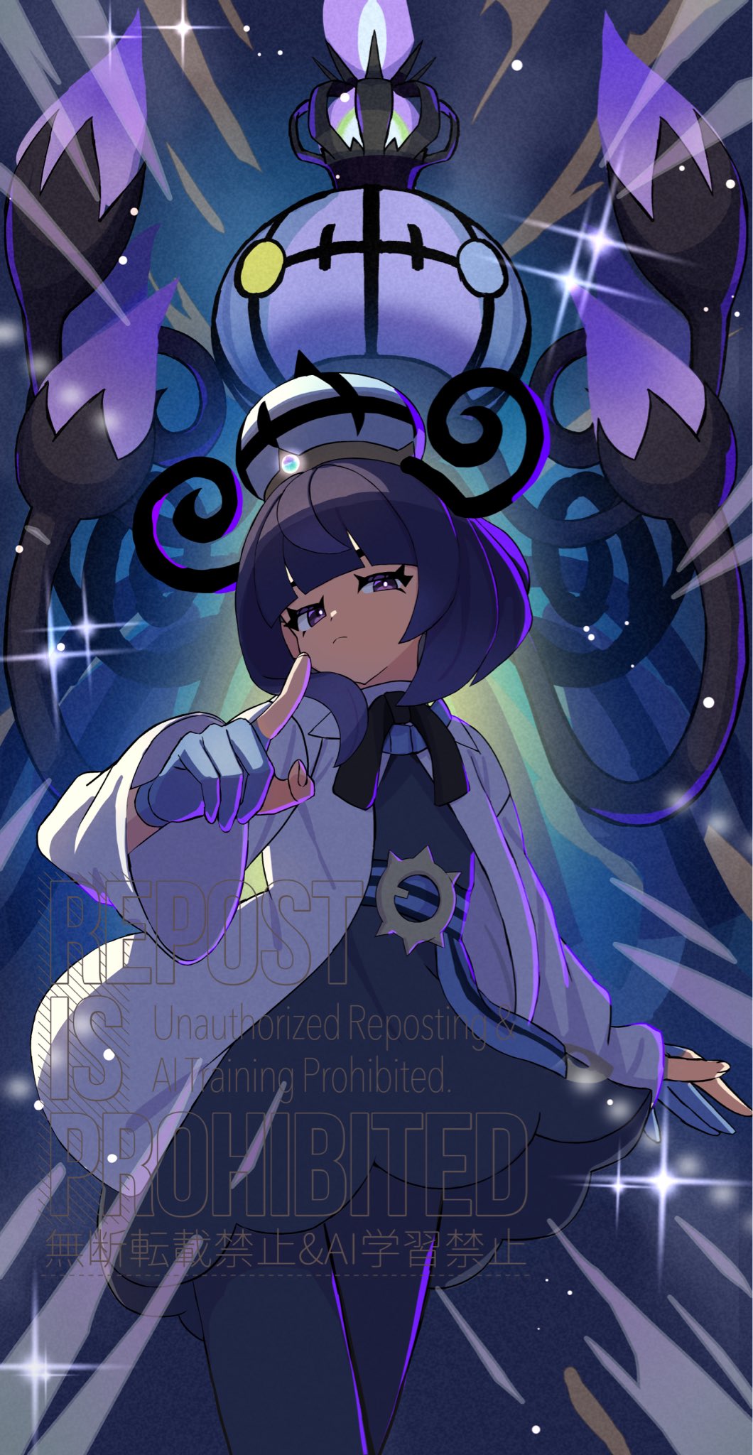 1girl, black_dress, black_hair, blue_gloves, bob_cut, chandelure, closed_mouth, coat