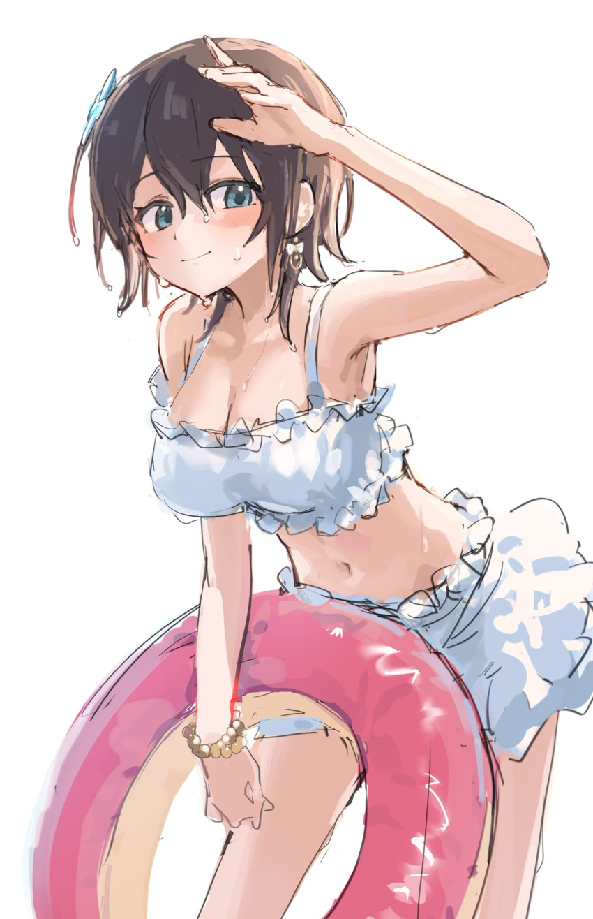 1girl, aoi_erika, aoi_erika_(lightful_mermaid_vacation), aoinegima, arm_up, armpits, bare_shoulders, bead_bracelet, beads, bikini, bikini_skirt, blue_eyes, blush, bracelet, breasts, brown_hair, cleavage, closed_mouth, collarbone, earrings, flower, flower_earrings, frilled_bikini, frills, hair_between_eyes, hair_flower, hair_ornament, heaven_burns_red, highres, holding, holding_swim_ring, innertube, jewelry, large_breasts, leaning_forward, looking_at_viewer, medium_breasts, navel, short_hair, simple_background, smile, solo, swim_ring, swimsuit, wet, wet_hair, white_background, white_bikini