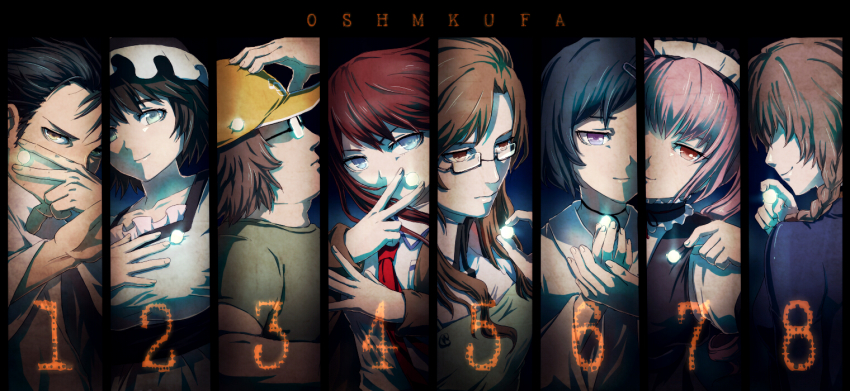3boys, 5girls, akiha_rumiho, amane_suzuha, baseball_cap, black_hair, blue_eyes, braid, brown_eyes, brown_hair, column_lineup, facial_hair, faris_nyannyan, glasses, hashida_itaru, hat, jacket, kiryuu_moeka, lab_coat, licamen, makise_kurisu, multiple_boys, multiple_girls, necktie, okabe_rintarou, pin, pink_hair, reducto, science_adventure, shiina_mayuri, steins;gate, stubble, twin_braids, urushibara_luka, v, yellow_eyes