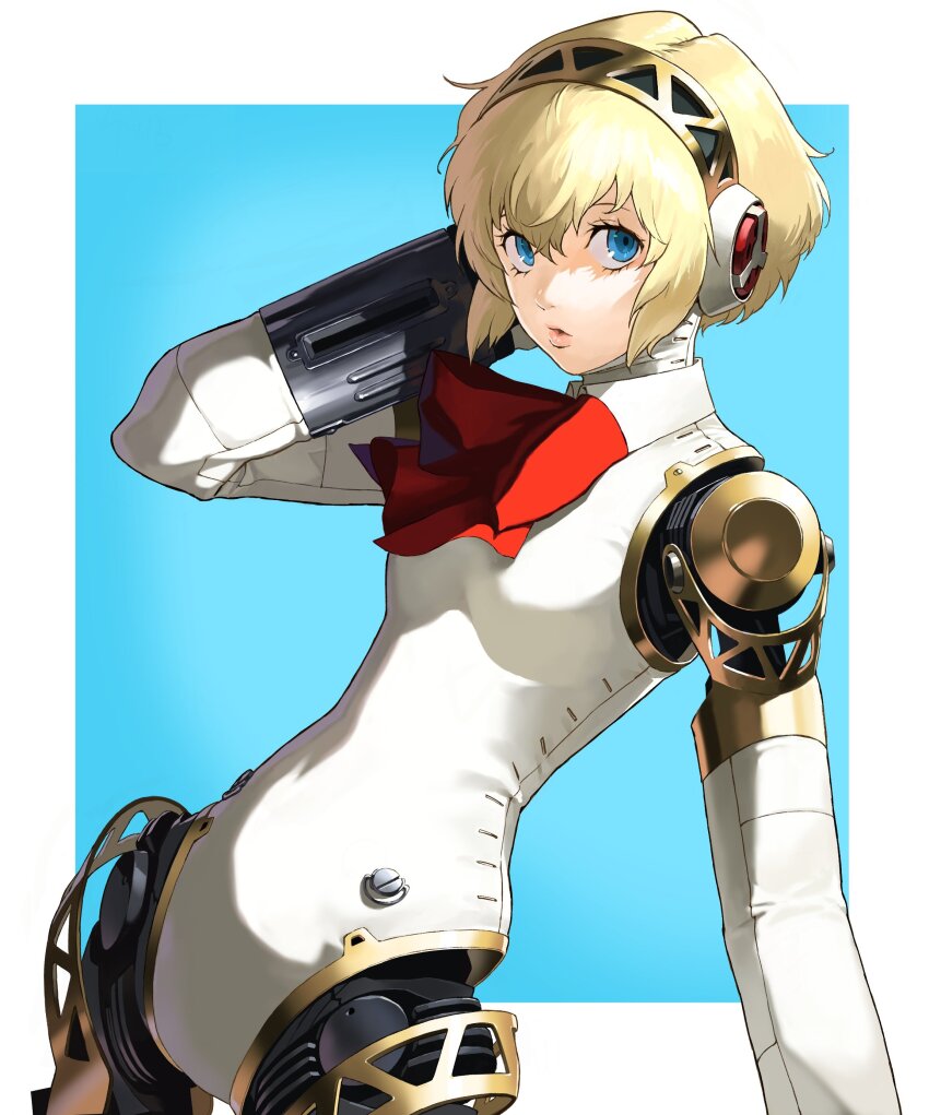 1girl, absurdres, aigis_(persona), android, asdf_4532, blonde_hair, blue_background, blue_eyes