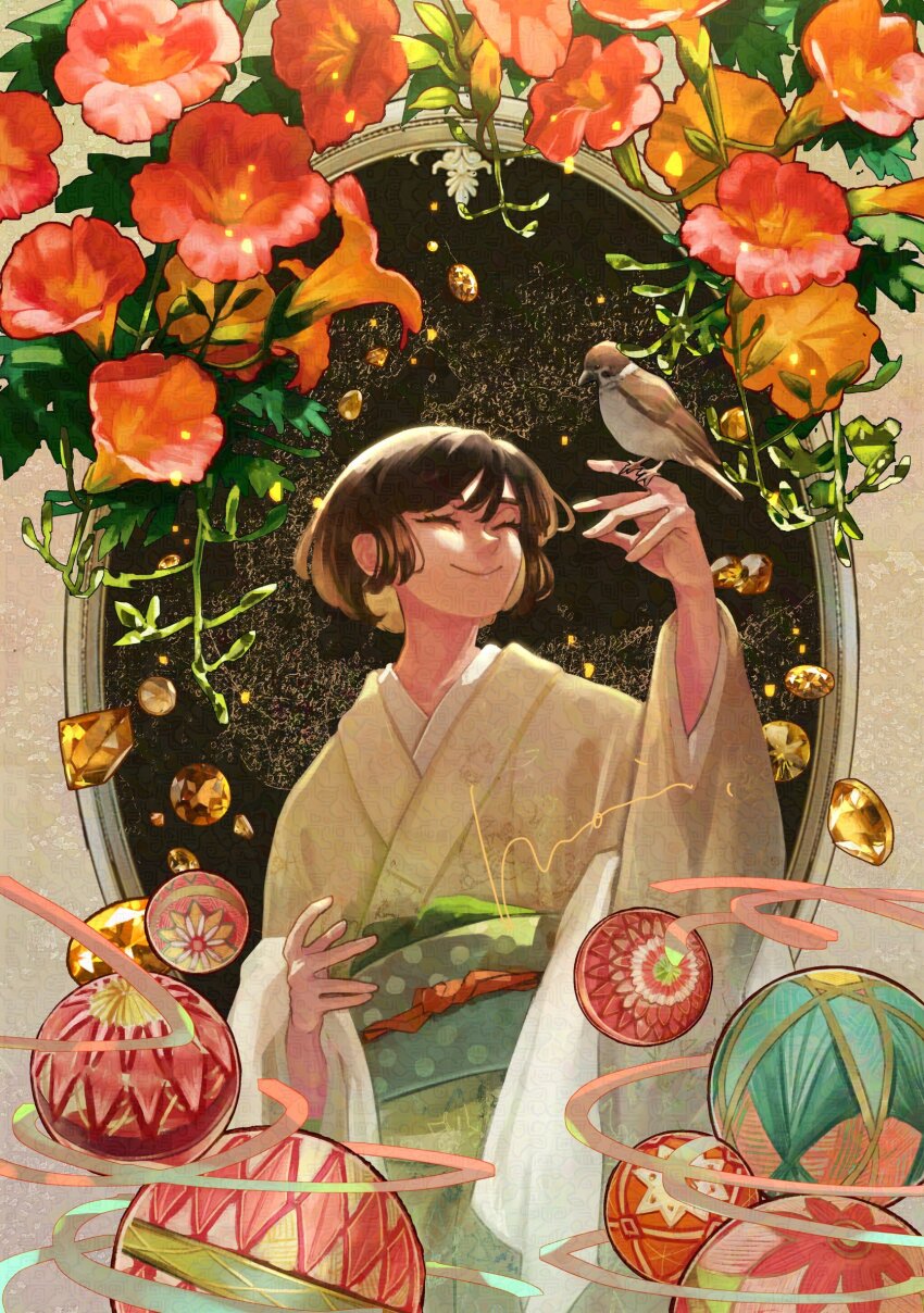 1girl, ball, bird, bird_on_hand, closed_eyes, flower, highres, japanese_clothes