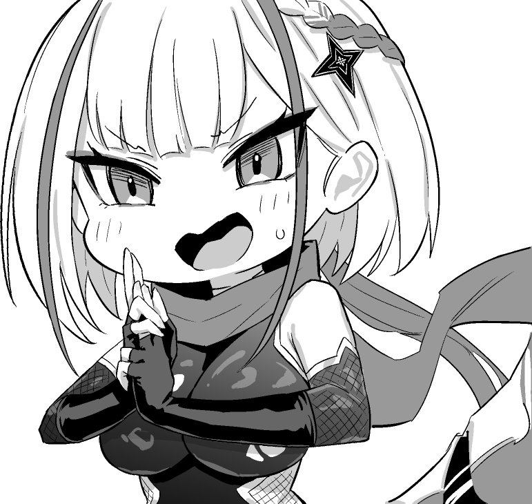 1girl, azur_lane, azur_lane:_slow_ahead, braid, breasts, fishnets, greyscale, hands_up