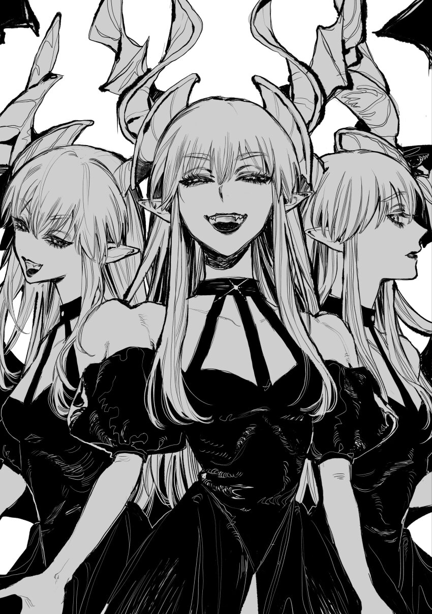 0onamae, 3girls, absurdres, asymmetrical_horns, conjoined, dragon_girl, dragon_horns, dress