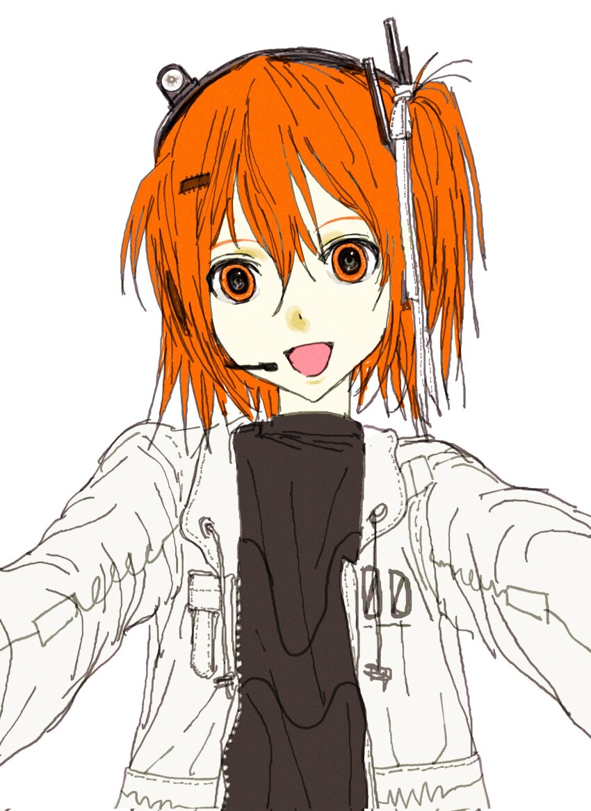 1girl, a.i._voice, adachi_rei, black_shirt, hair_ribbon, head_tilt, headlamp, headset