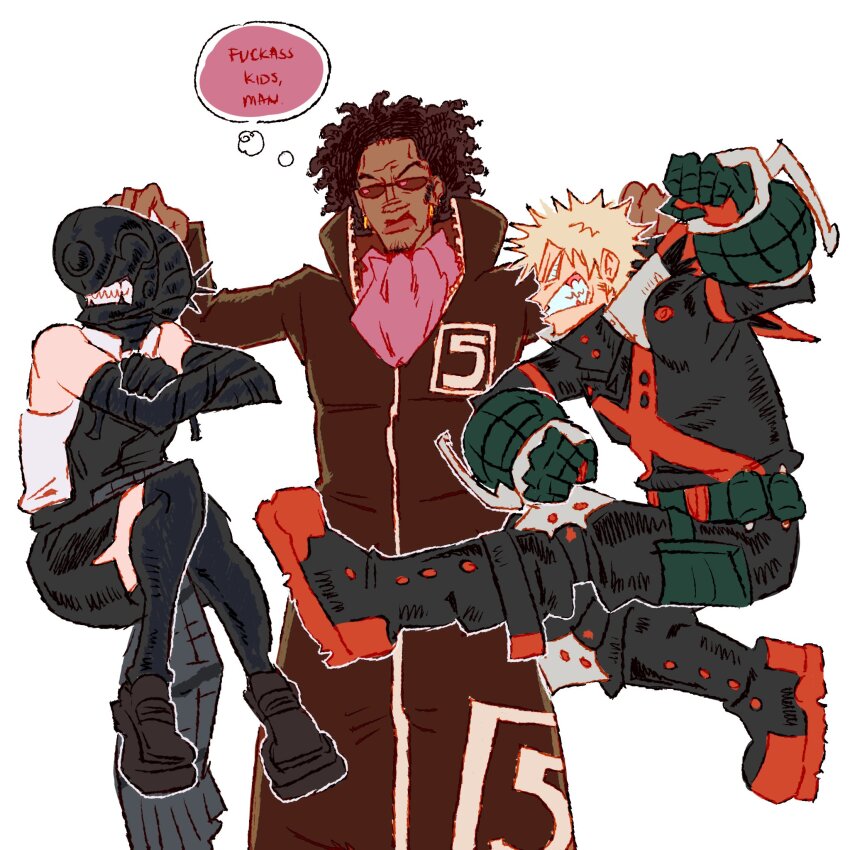1girl, 2boys, angry, ascot, bakugou_katsuki, bare_shoulders, black_coat, boku_no_hero_academia, bomb_devil_(chainsaw_man), bridal_gauntlets, chainsaw_man, clenched_teeth, coat, commentary, cowboy_shot, curly_hair, dark-skinned_male, dark_skin, english_commentary, english_text, full-length_zipper, gem_(one_piece), highres, lifting_person, multiple_boys, one_piece, pink_ascot, power_connection, reze_(chainsaw_man), sanjaynocraig, scruffing, simple_background, spiked_hair, sunglasses, superhero_costume, teeth, white_background, zipper