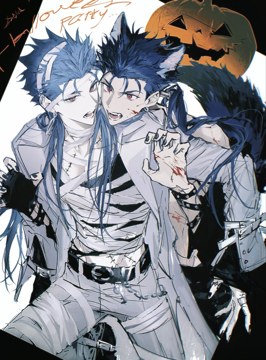 2boys, absurdres, animal_ears, bandages, blood, blood_on_face, blue_hair, cu_chulainn_(caster)_(fate)