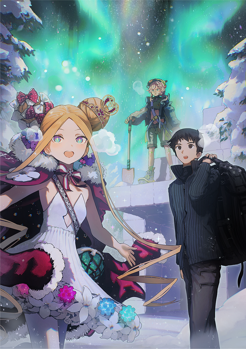 1boy, 2girls, abigail_williams_(fate), abigail_williams_(santa)_(fate), aurora, backpack, bag, bandaid