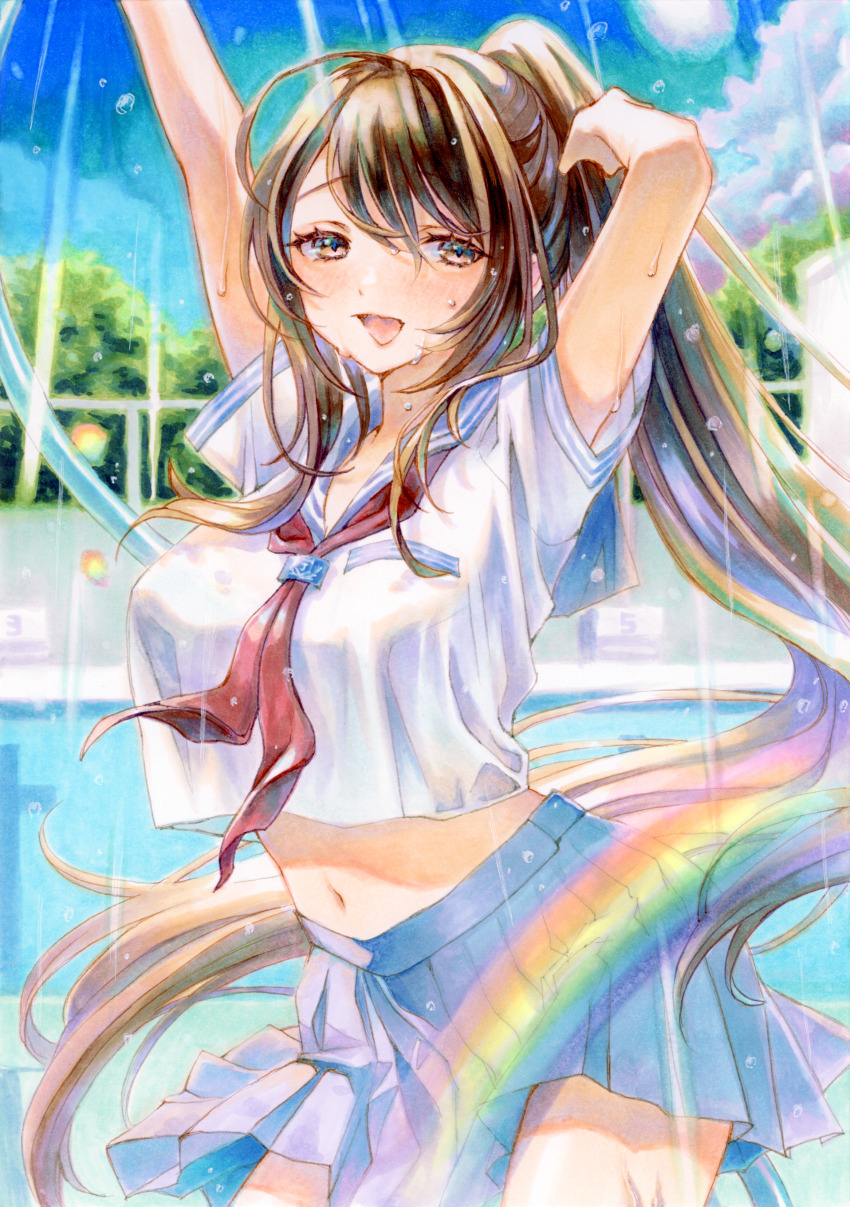 1girl, absurdres, arms_up, blue_sailor_collar, blue_skirt, blue_sky, breasts, brown_hair