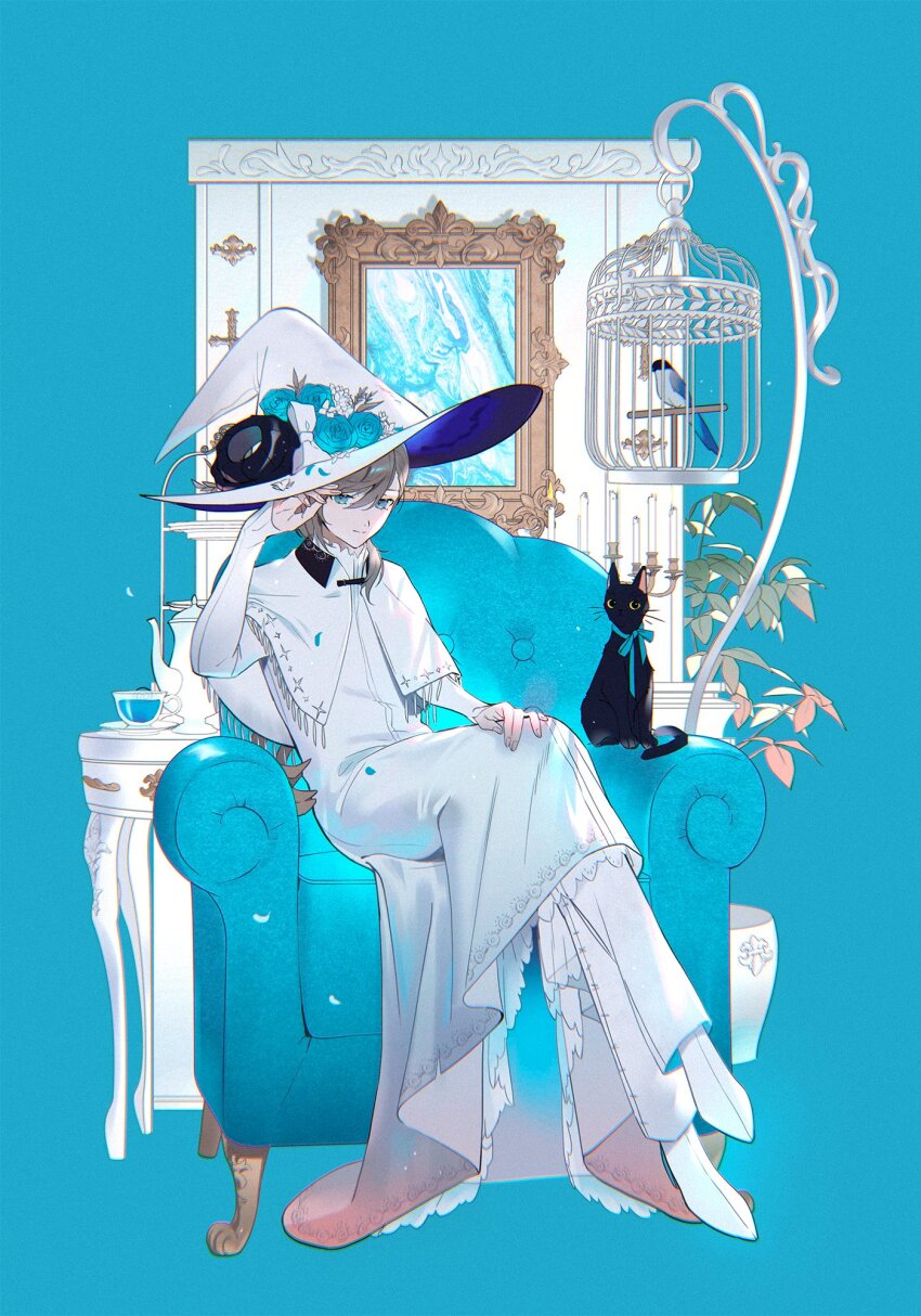 1boy, adapted_costume, aio_desu, armchair, bird, birdcage, black_cat, black_horns