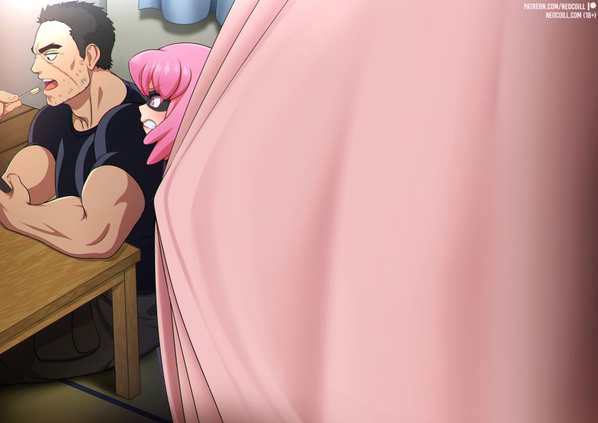 1boy, 1girl, artist_name, black_hair, black_mask, black_shirt, boku_no_hero_academia, brown_pants