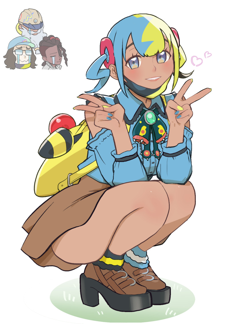 1girl, 3boys, alternate_costume, backpack, bag, blue_eyes, blue_shirt, brown_shoes