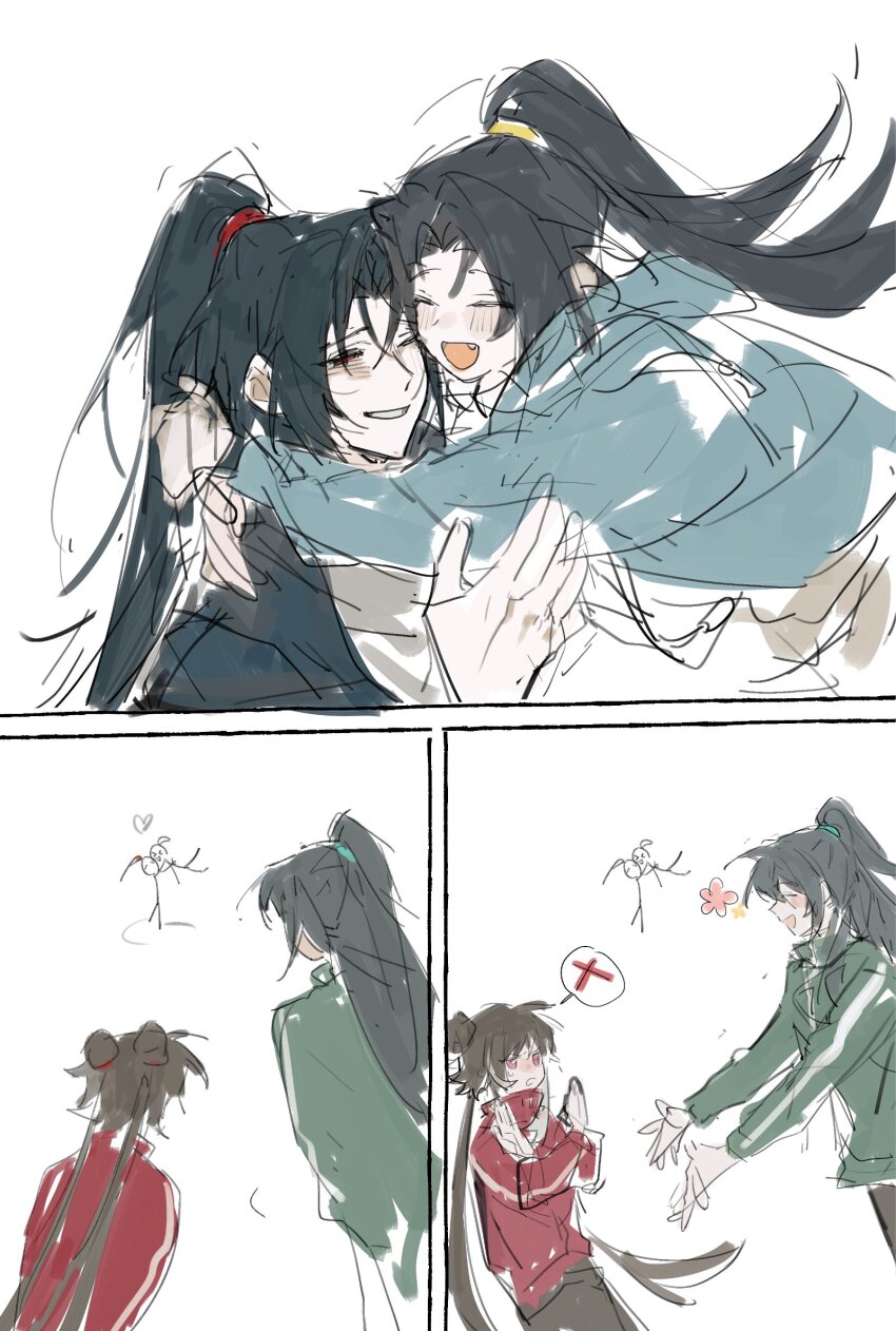 1girl, 3boys, black_hair, blue_jacket, brother_and_sister, brothers, brown_hair, daguanyuan's_jia_huan_(project_moon), double_bun, green_jacket, hair_bun, high_ponytail, highres, hong_lu_(project_moon), hug, jacket, jia_huan_(project_moon), jia_xichun_(project_moon), jingshenhuanghu, limbus_company, long_hair, long_sleeves, multiple_boys, ponytail, project_moon, red_jacket, siblings, track_jacket, twintails, very_long_hair