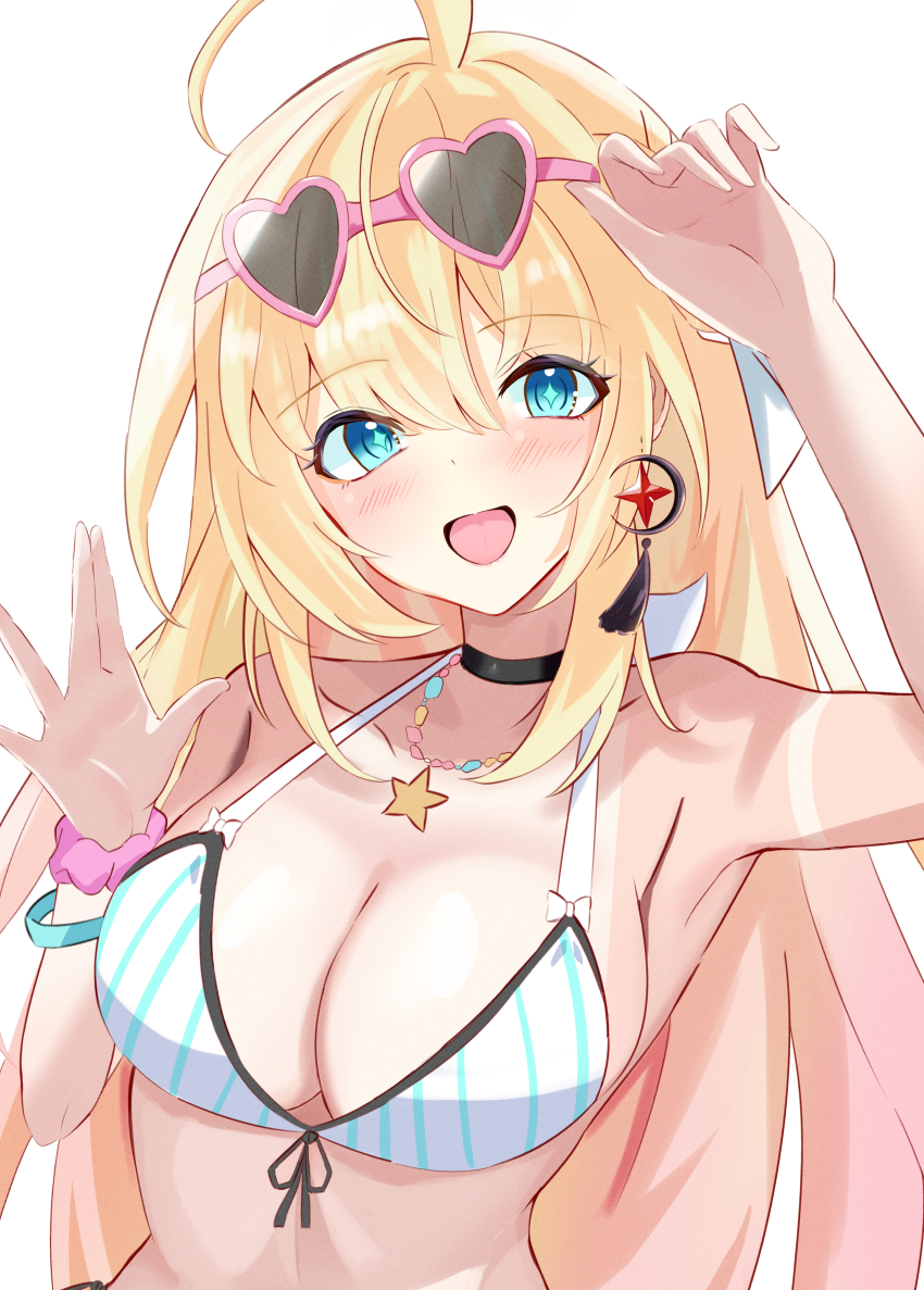 1girl, absurdres, ahoge, bikini, blonde_hair, blue_bikini, blush, breasts