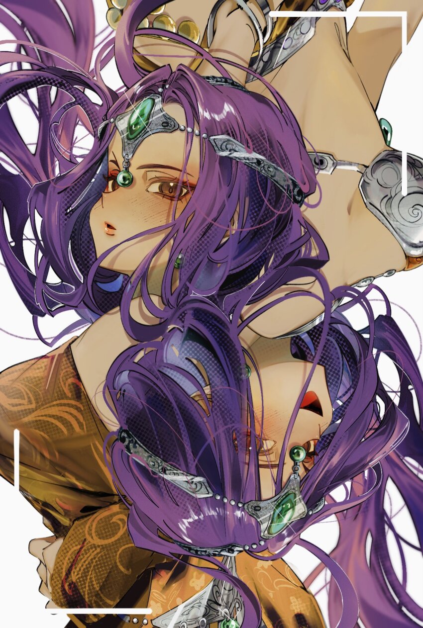 2girls, asymmetrical_dress, bracelet, brown_eyes, circlet, dark-skinned_female, dark_skin, detached_sleeves, dragon_quest, dragon_quest_heroes_ii, dragon_quest_iv, dress, earrings, eyeliner, floating_hair, forehead_jewel, gem, glint, green_gem, highres, jewelry, light_blush, lipstick, loincloth, long_hair, looking_at_viewer, makeup, mamesan_2024, manya_(dq4), metal_belt, metal_bikini, metal_bra, minea_(dq4), multiple_bracelets, multiple_girls, open_mouth, orange_loincloth, parted_lips, purple_hair, red_eyeliner, rotational_symmetry, silver_circlet, smile, sphere_earrings, upper_body